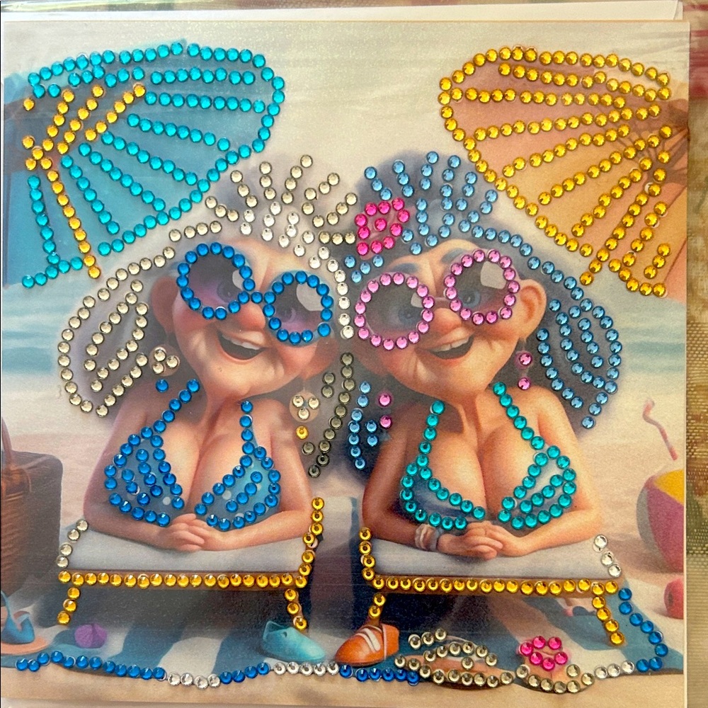 Pair of hand- made Diamond dot cards featuring amusing “lovely ladies”!